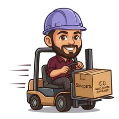 SasaParts forklift moving a bulk auto parts package